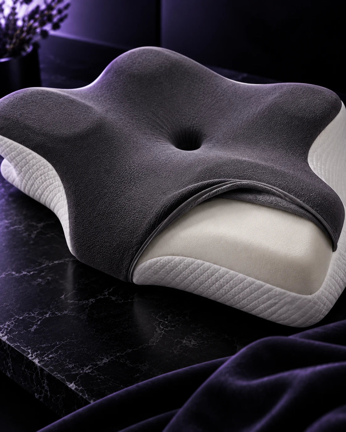 Norevane pillow with the cover partly open showing the memory foam core