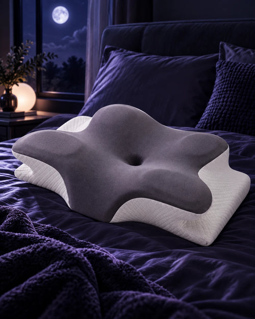 Norevane cervical pillow on indigo bedding in a moonlit bedroom