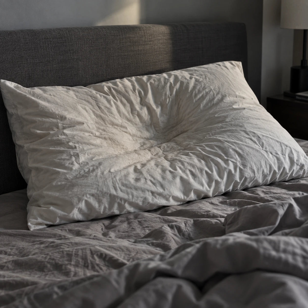 A flattened, wrinkled ordinary pillow on an unmade bed