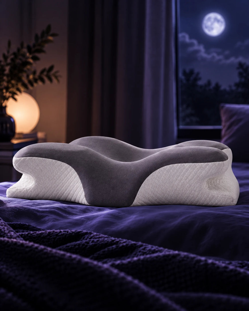 Norevane pillow on purple bedding in front of a moonlit window