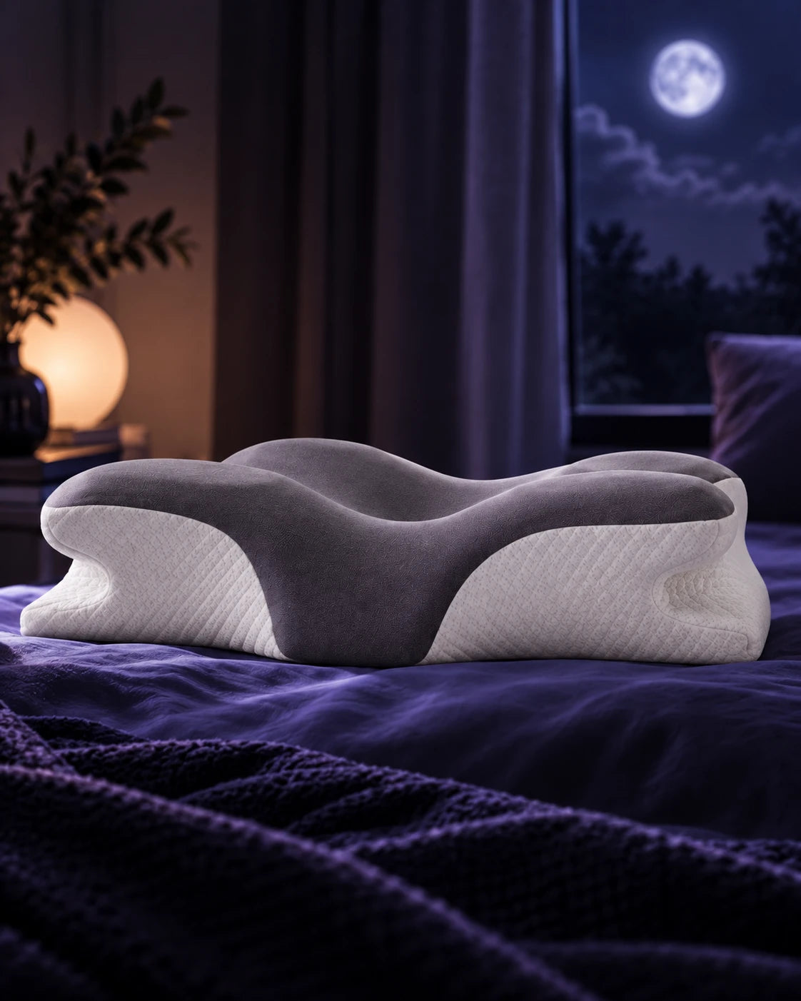 Side view of the Norevane pillow on purple bedding in front of a moonlit window